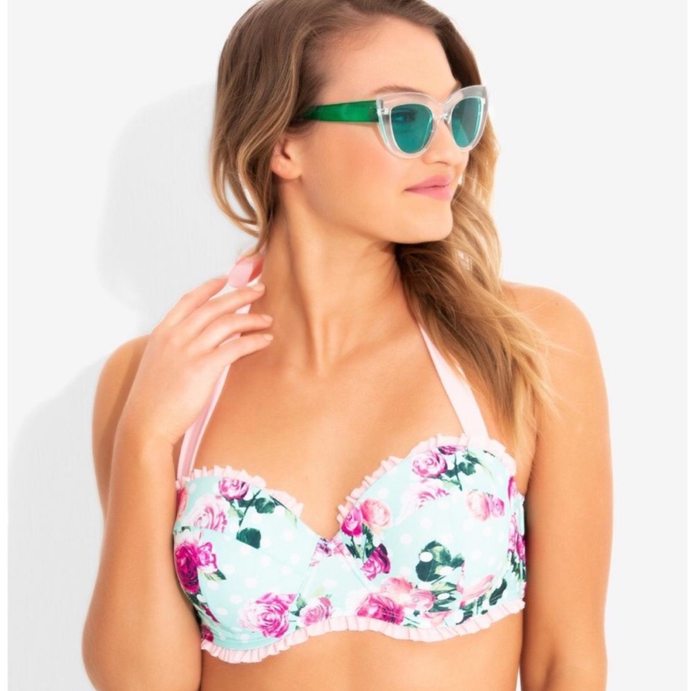 Hot Topic Floral Print Push Up Bikini Bra Swim Suit Halter Top Size L / Large